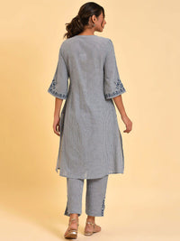 W Blue & White Striped Thread Work A-Line Pure Cotton Kurta with Trousers