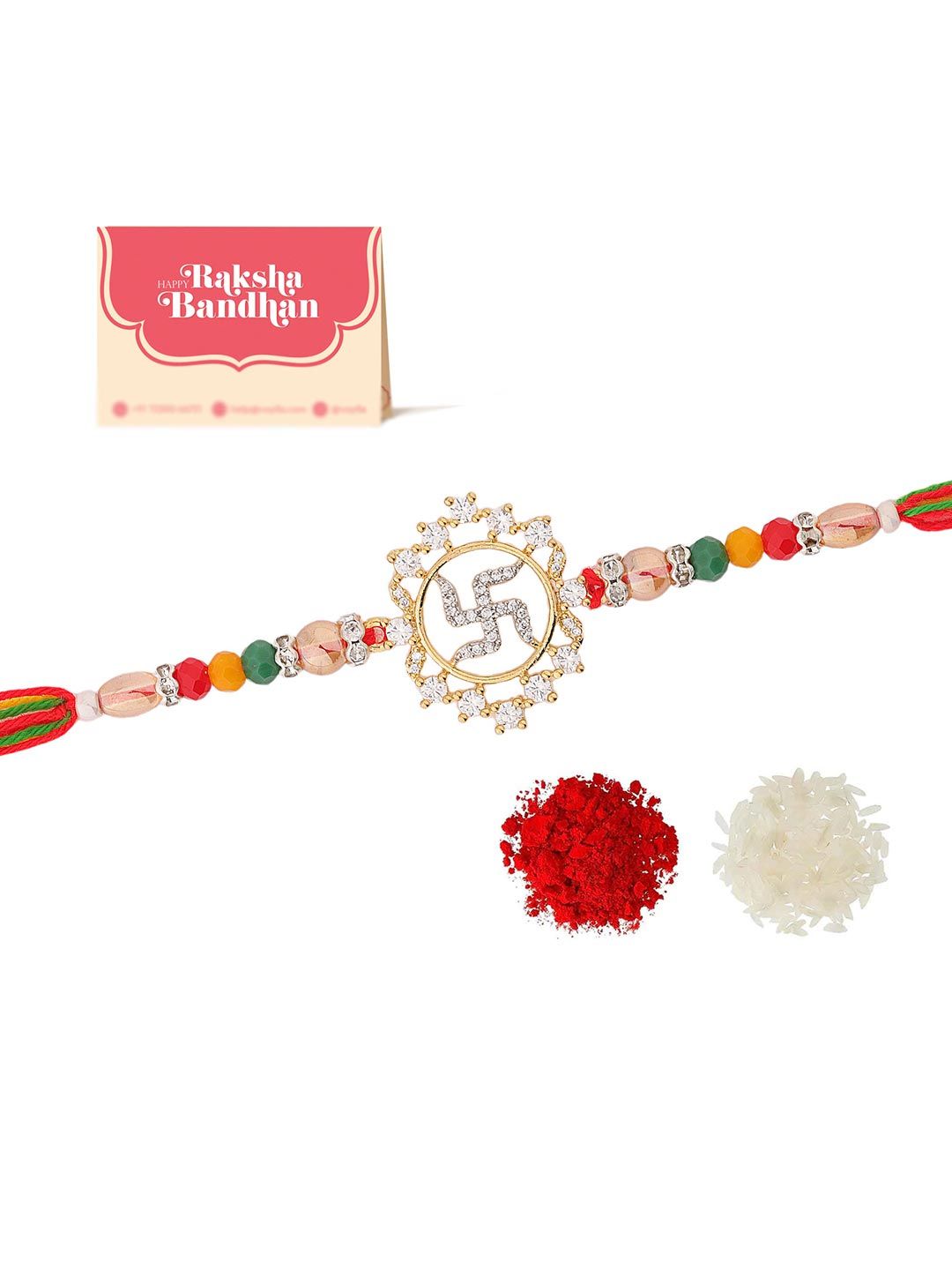 Voylla Radiant Swastika American Diamond Studded & Beaded Thread Rakhi