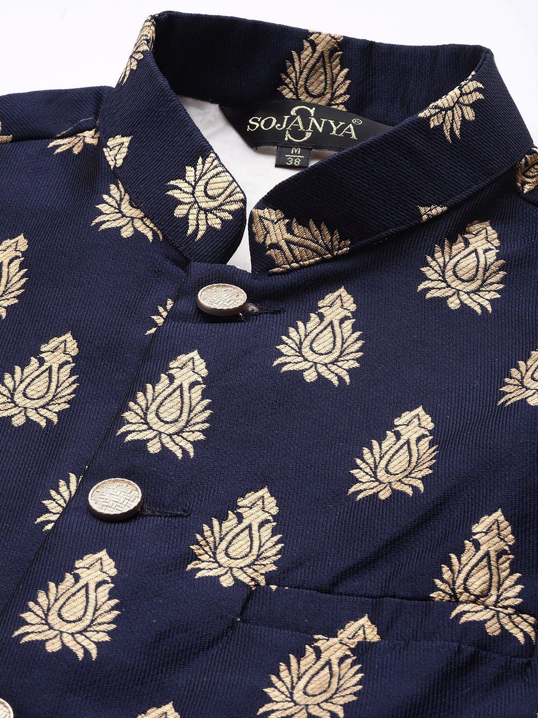 SOJANYA Lelaki Mustard Yellow & Beige Striped Thread Work Straight Kurta Churidar NehruJacket
