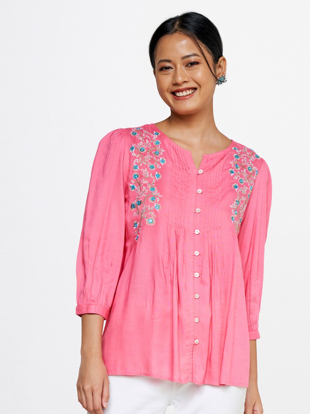 Global Desi Floral Embroidered Round Neck Top