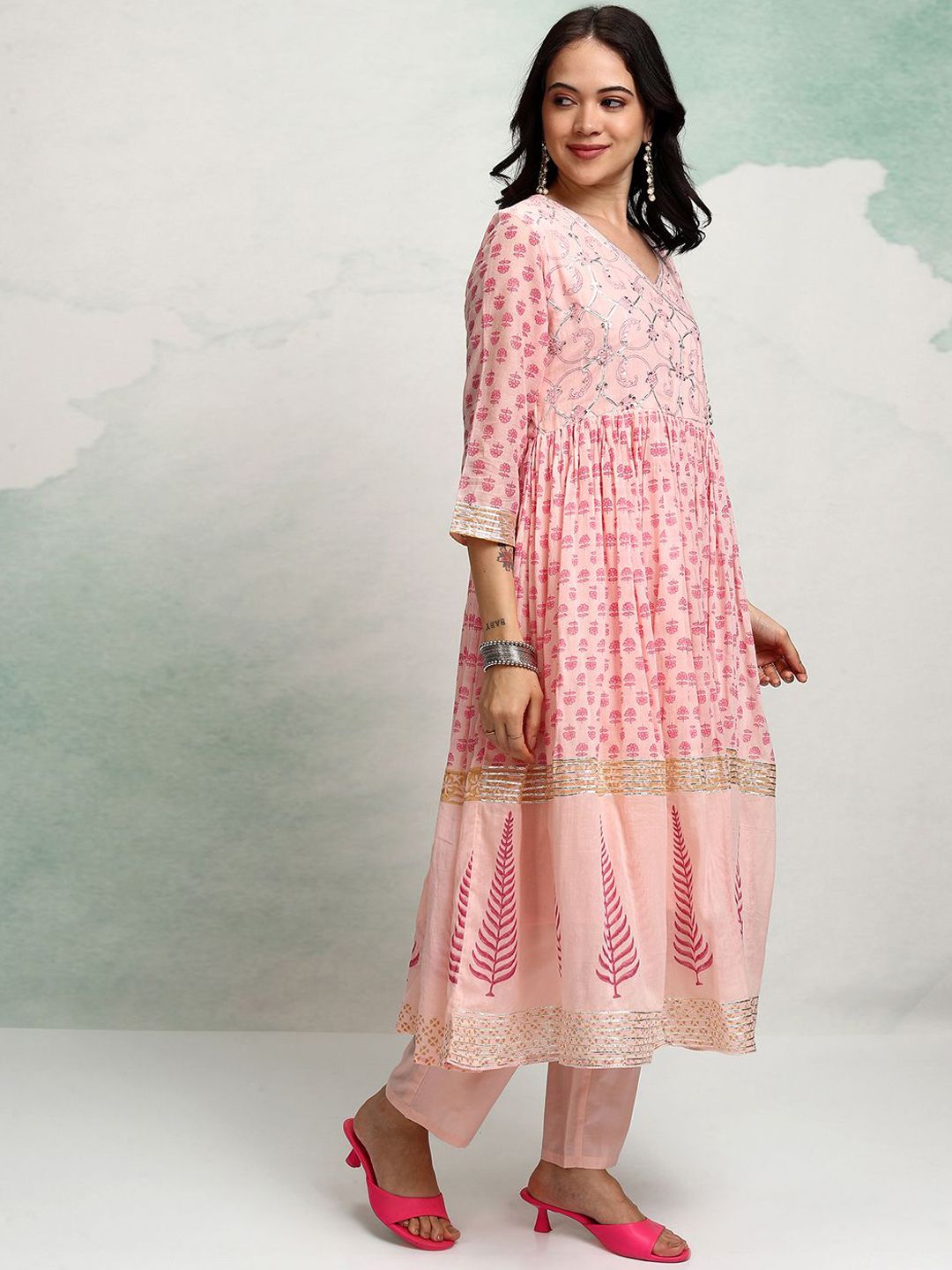 Vishudh Ethnic Motifs Embroidered Sequinned Pure Cotton Kurta With Trousers & Dupatta