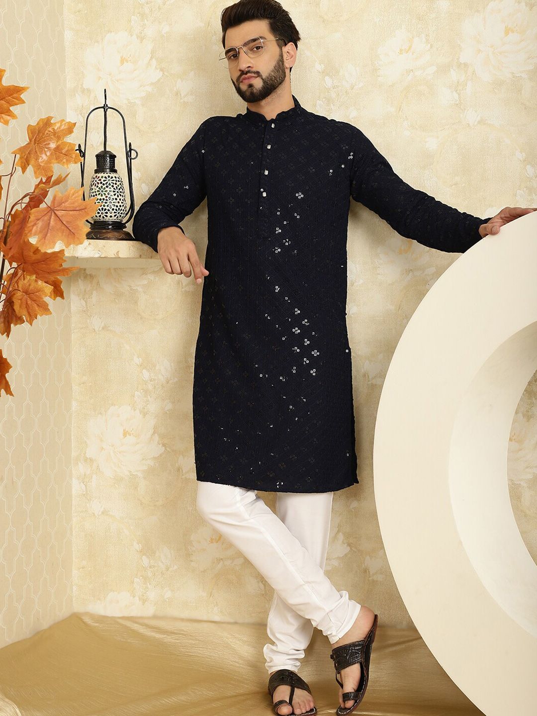 SOJANYA Geometric Embroidered Thread Work Pure Cotton Straight Kurta with Churidar