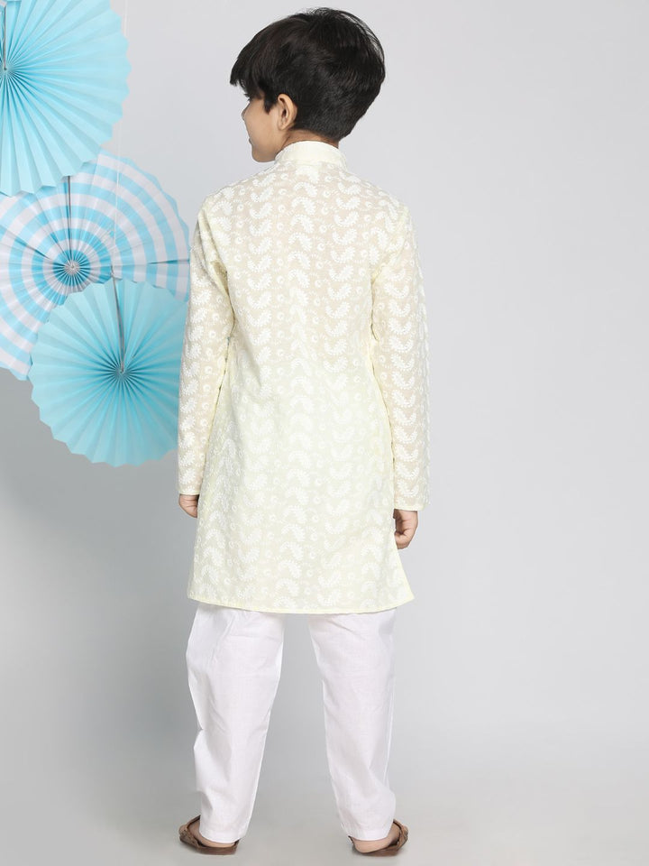 VASTRAMAY Boys Yellow & White Self Design Kurta with Pyjamas