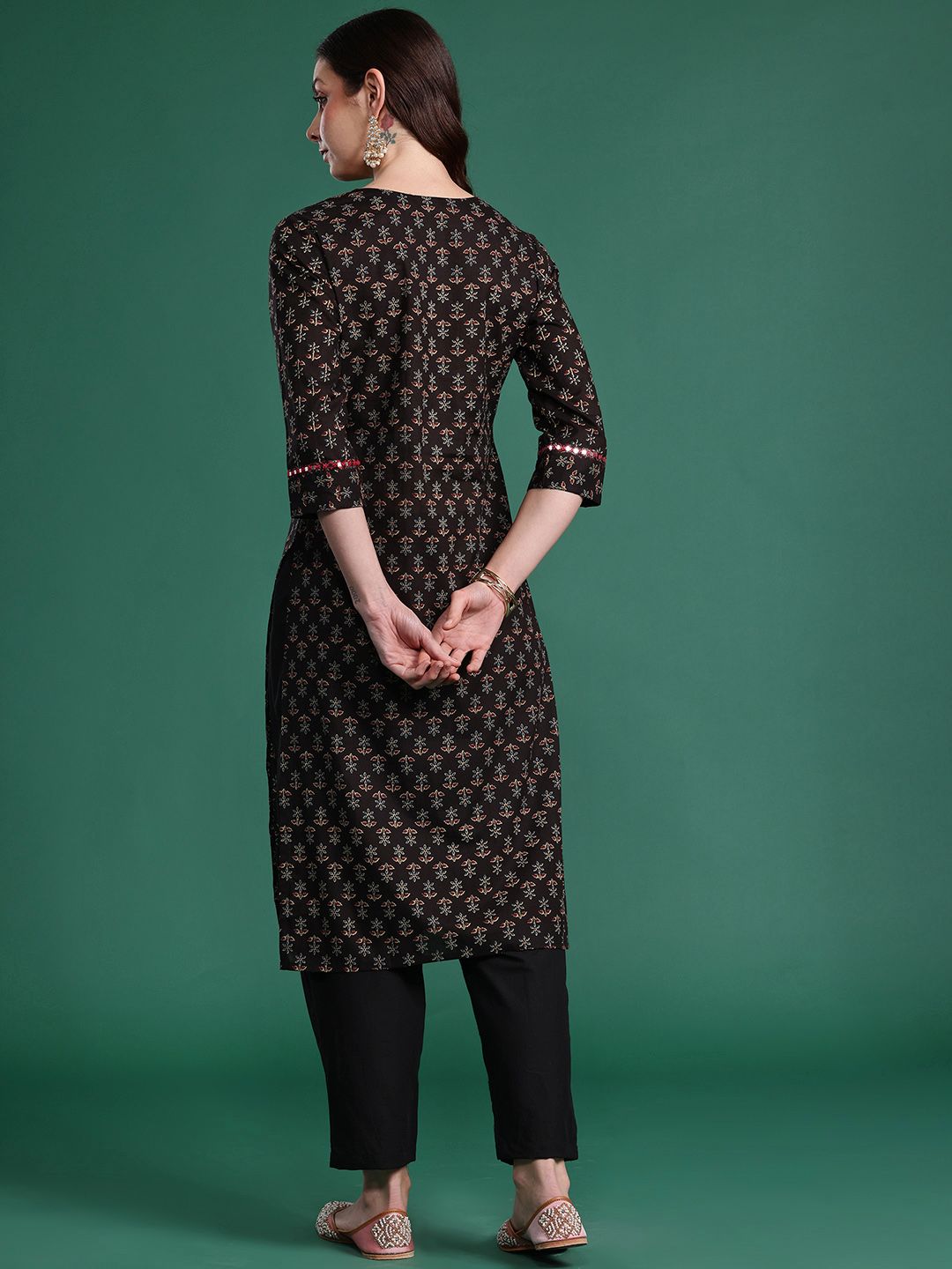 Indo Era Women Floral Printed Mirror Work Pure Cotton Kurta