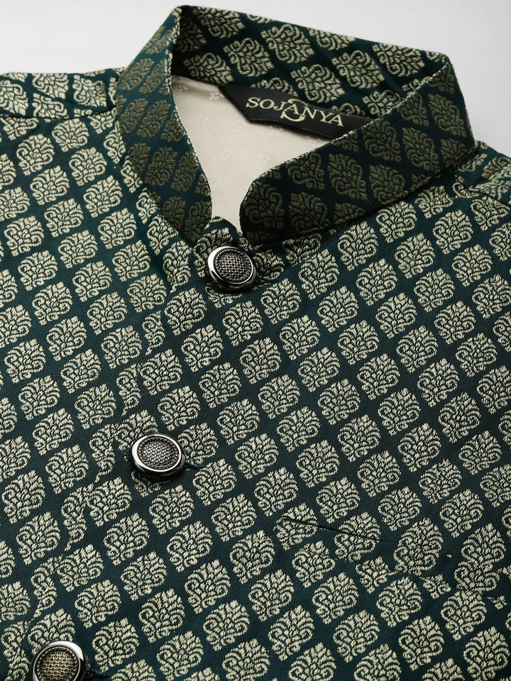 SOJANYA Lelaki Olive Brown & Green Jacquard Ethnic Motifs Straight Kurta with Churidar
