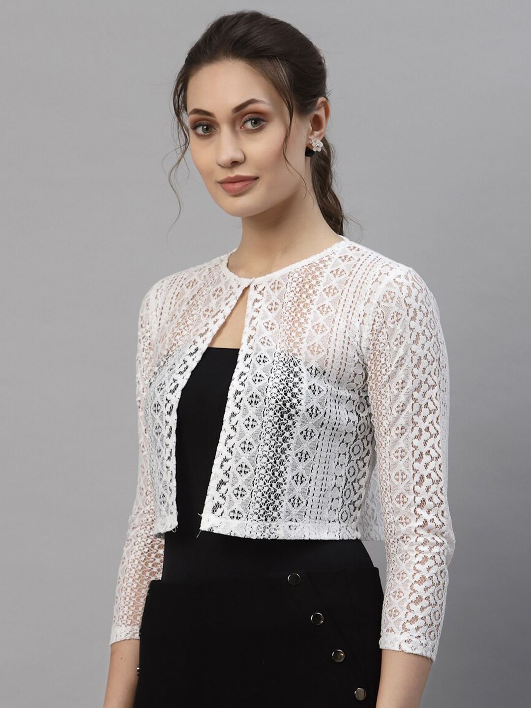 Style Quotient Women White Laced Cropped Shrug