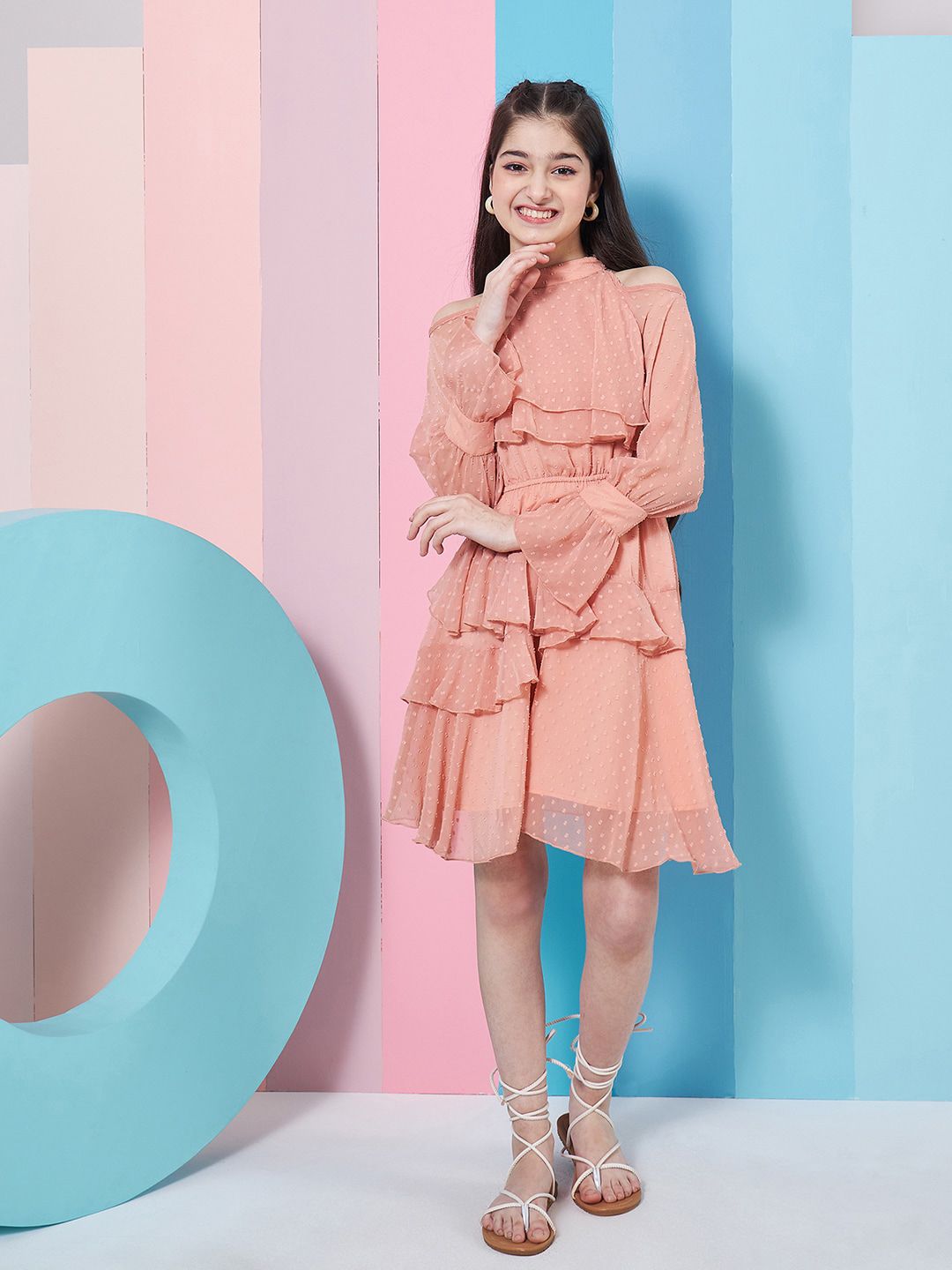 pspeaches Girls Self Design Halter Neck Bell Sleeves Cut Out Layered Ruffled A-Line Dress