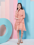 pspeaches Girls Self Design Halter Neck Bell Sleeves Cut Out Layered Ruffled A-Line Dress