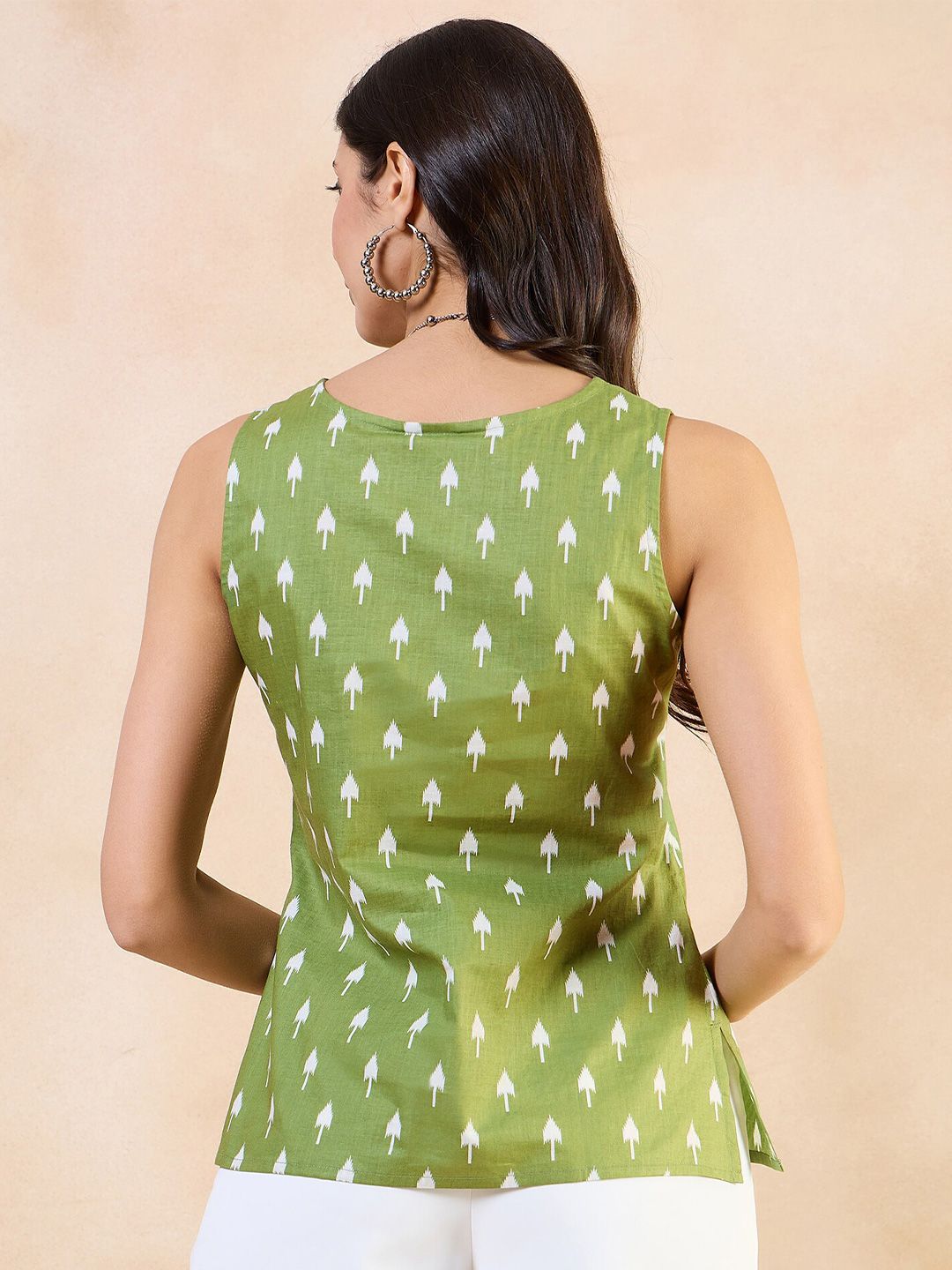 Anouk  Print Cotton Green Geometric Printed Sleeveless Top