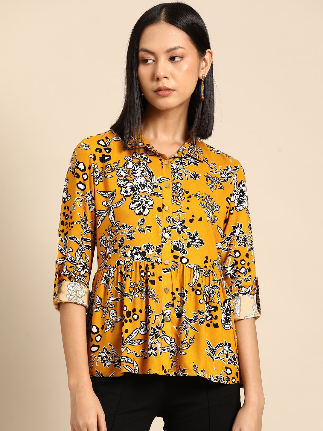 all about you Floral Print Roll-Up Sleeves Top