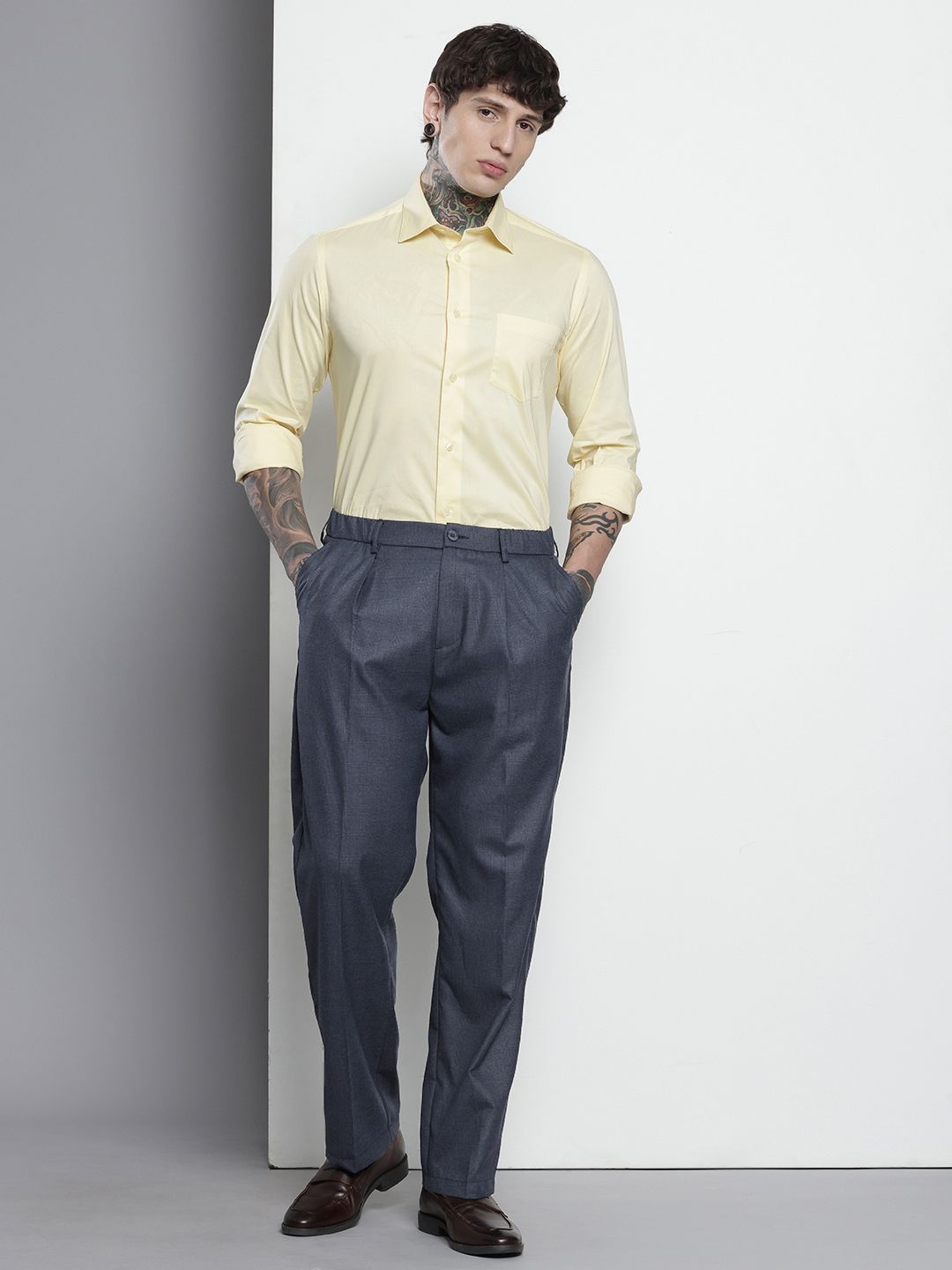 The Indian Garage Co. X Men Relaxed Straight Fit Textured Pleated Formal Trousers