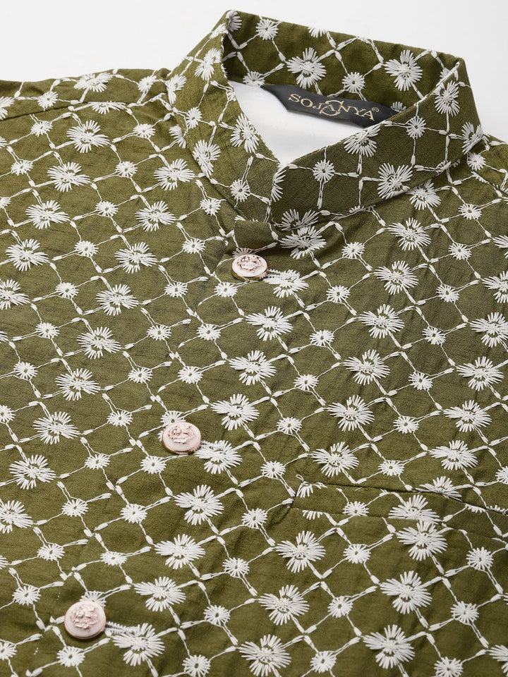 SOJANYA Men Grey Chikankari Embroidered Kurta with Churidar & Nehru Jacket