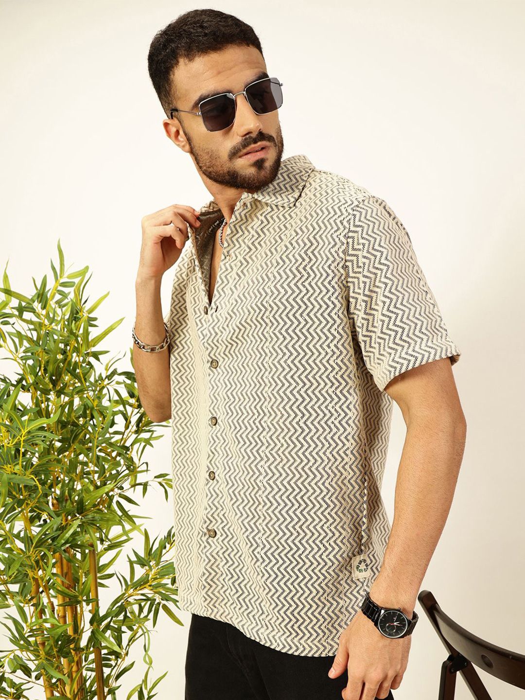 Thomas Scott Men Vertical Stripes Striped Semi-Sheer Casual Crochet Shirt