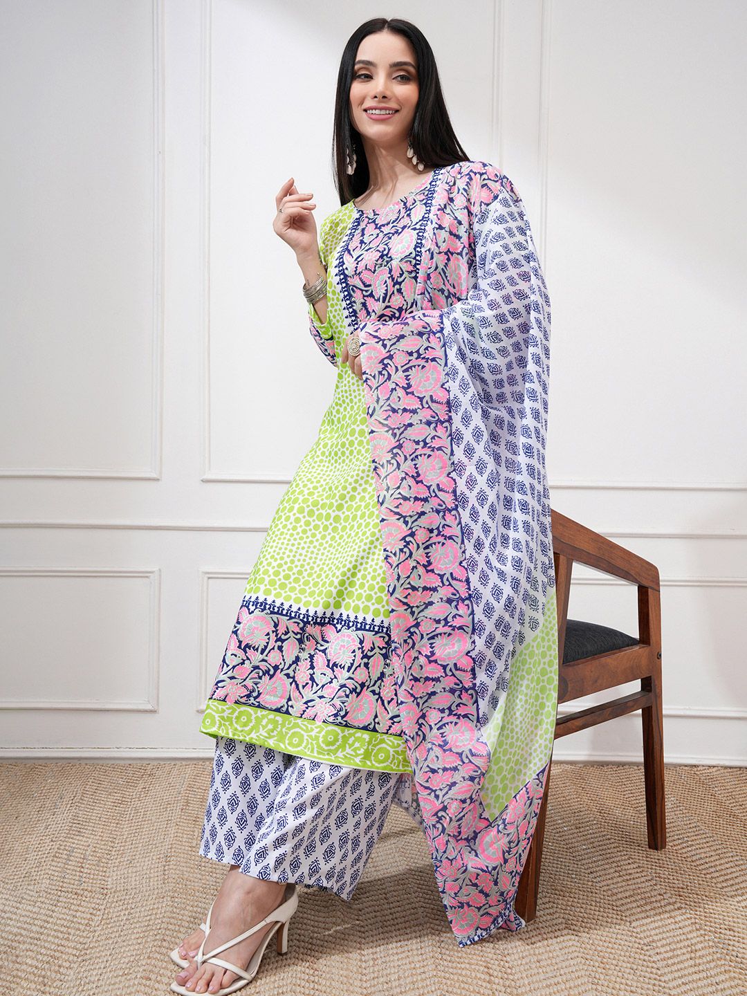 Vishudh Women Green Printed Kurti with Palazzos & With Dupatta