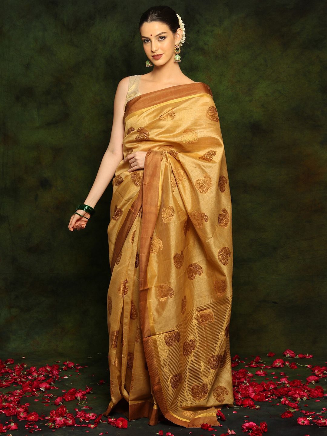 Exotic India Golden Art Silk Saree with Golden Stripes and Traditional Paisley Motifs