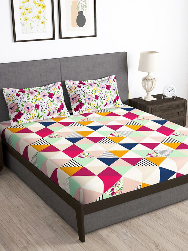 Story@home White & Pink Geometric 180 TC Queen Bedsheet with 2 Pillow Covers
