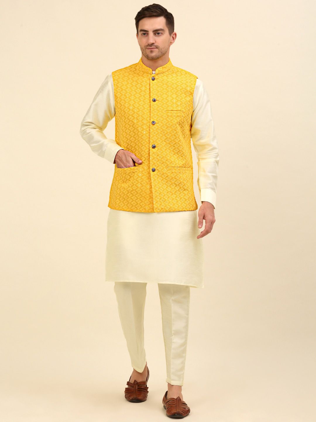 Anouk Yellow Embroidered Sequinned Nehru Jacket