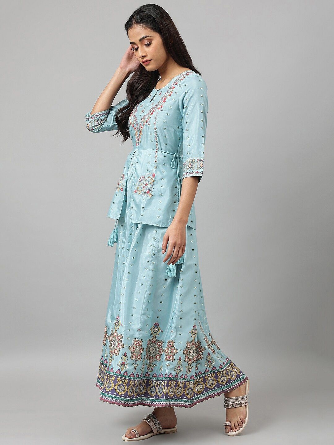 W Blue Ethnic Motifs Keyhole Neck Ethnic Maxi Dress