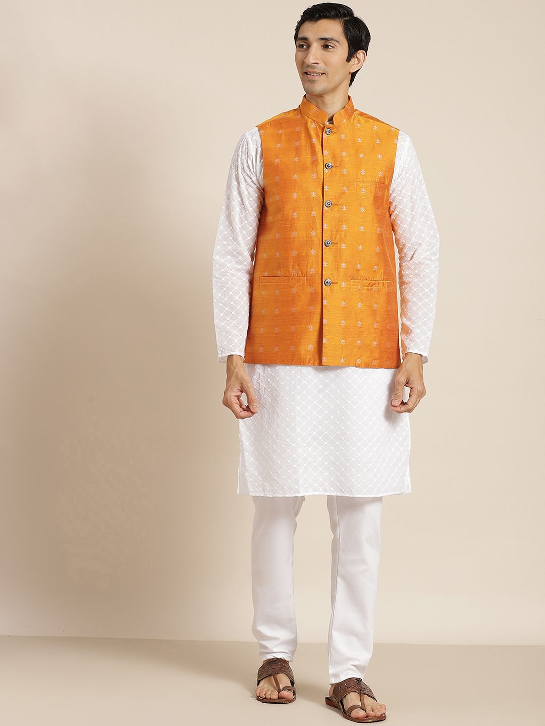 SOJANYA Men White Ethnic Motifs Chikankari Pure Cotton Kurta with Churidar & Nehru Jacket