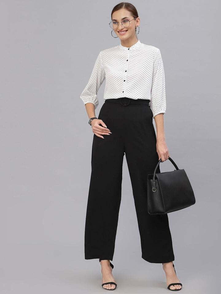 Style Quotient White & Black Polka Dot Print Mandarin Collar Shirt Style Top