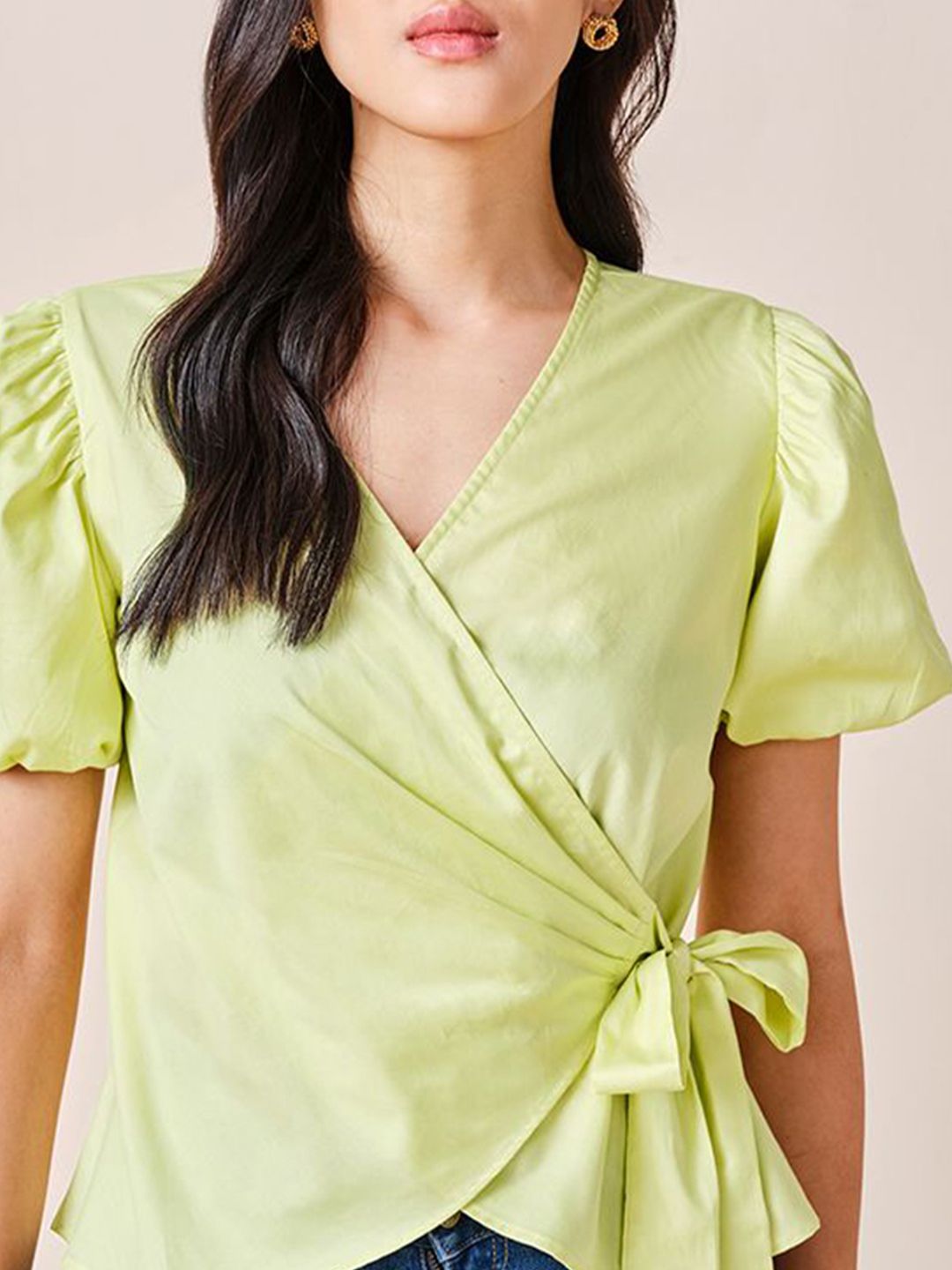 AND Women Solid Puff Sleeve Cotton Wrap Top