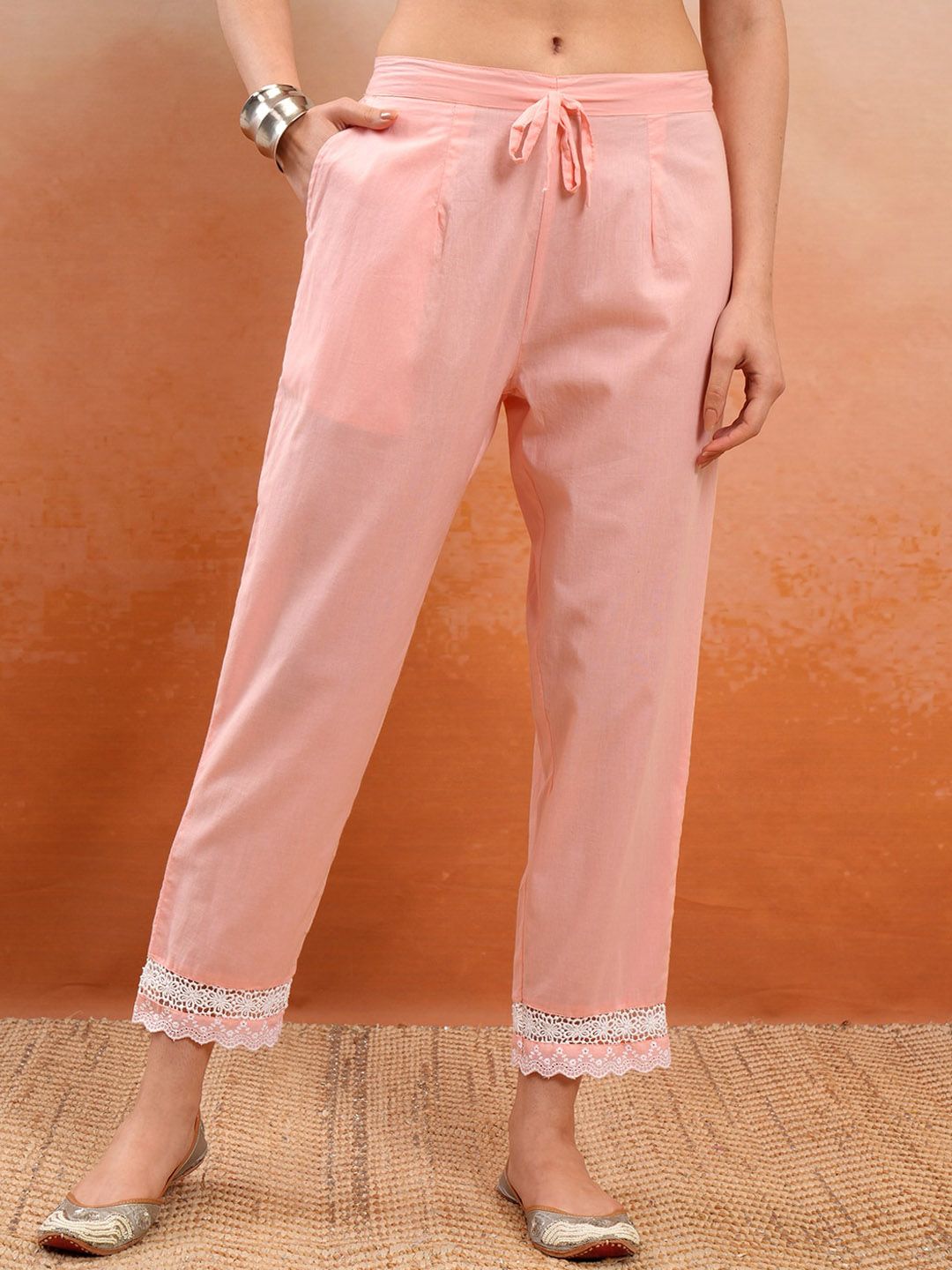 Vishudh Peach Embroidered Mirror Work Pure Cotton Anarkali Kurta With Trousers & Dupatta