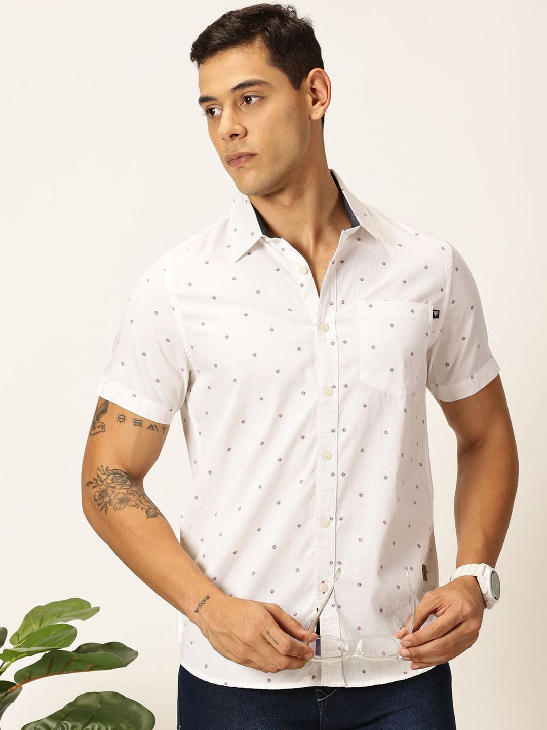 Thomas Scott Men Premium Spread Collar Micro Ditsy Printed Cotton Slim Fit Casual Shirt