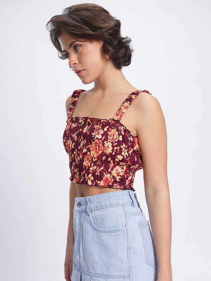 DressBerry Floral Frenzy Printed Smocked Frill Detail Crop Top