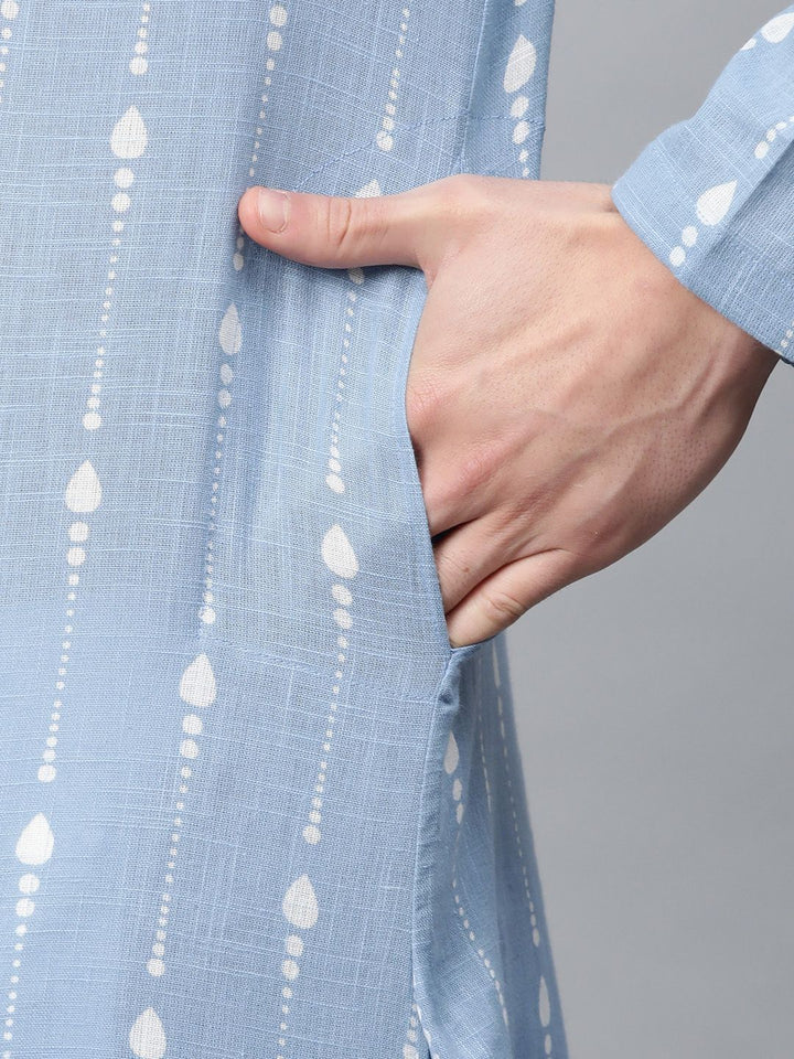 See Designs Men Blue & White Printed Straight Kurta