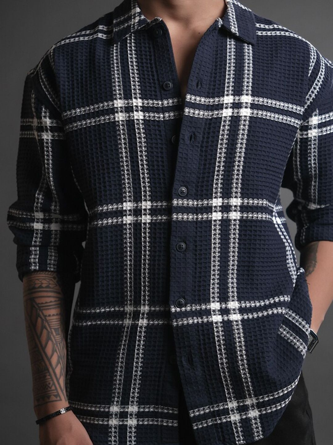 Powerlook Blue India Slim Besar Tartan Memeriksa Baju Kasual
