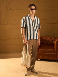 DENNISON Relaxed Vertical Striped Printed Cuban Collar Oversized Cotton Crochet Shirt