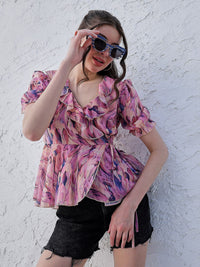 Athena Lavender Floral Printed V-Neck Puff Lengan Ruffles Terperinci
