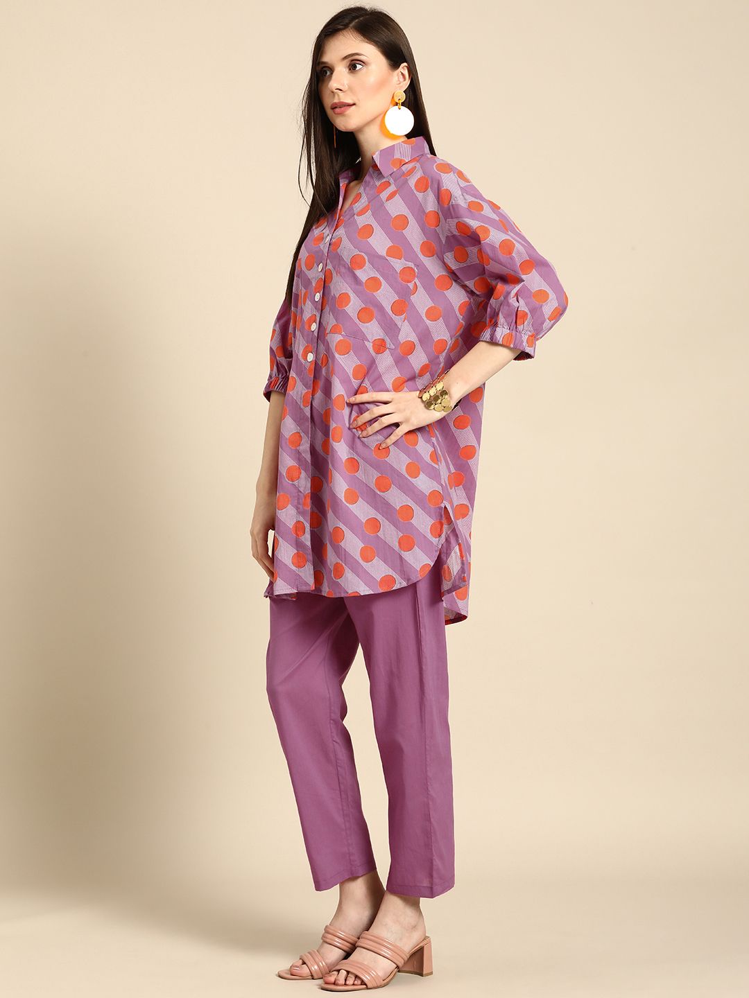 Anouk Women Purple And Orange Striped And Printed Empire Pure Cotton Kurti with Trousers