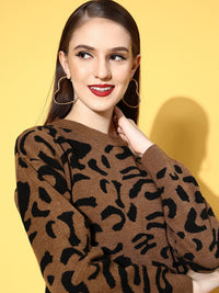 Berrylush Women Chic Brown Animal Printed Knits Bits Sweater