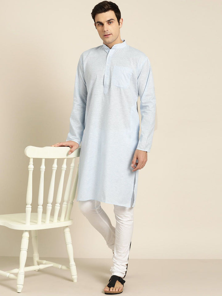 SOJANYA Men Blue & White Striped Straight Kurta