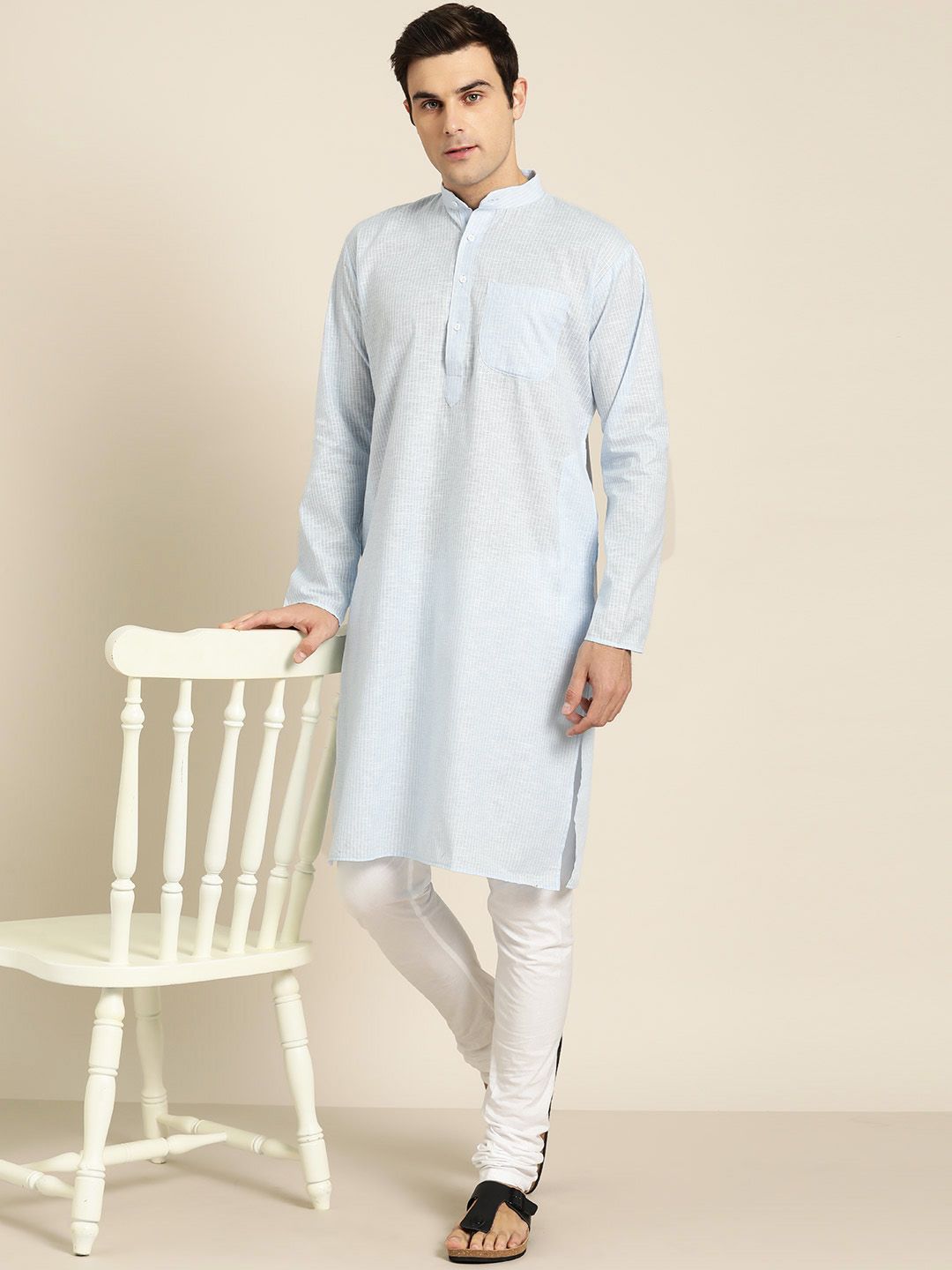 SOJANYA Men Blue & White Striped Straight Kurta