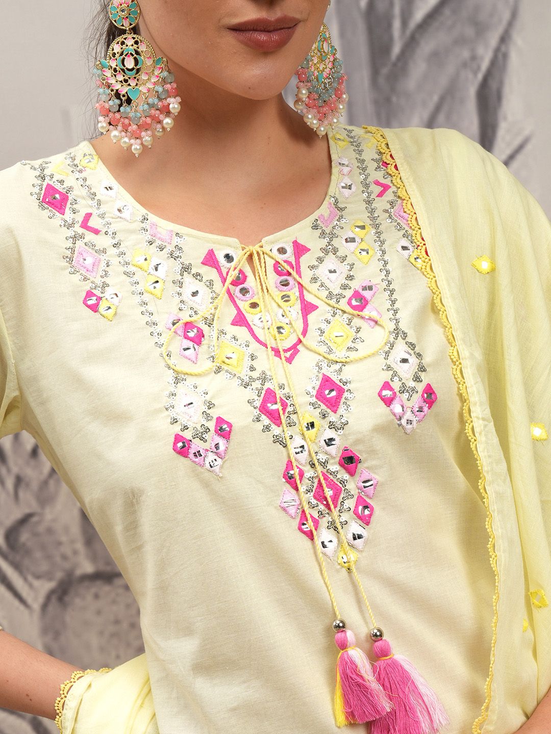Vishudh Yellow Tie-Up Neck Ethnic Motifs Printed Pure Cotton Straight Kurti Set
