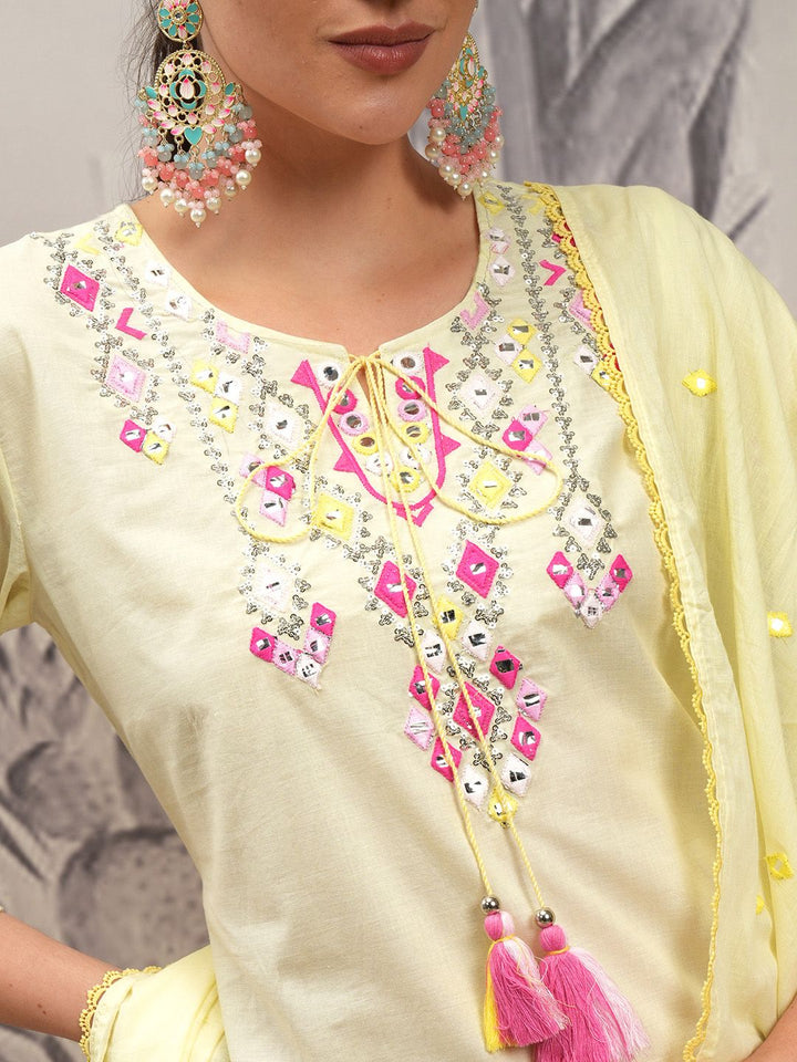 Vishudh Yellow Tie-Up Neck Ethnic Motifs Printed Pure Cotton Straight Kurti Set