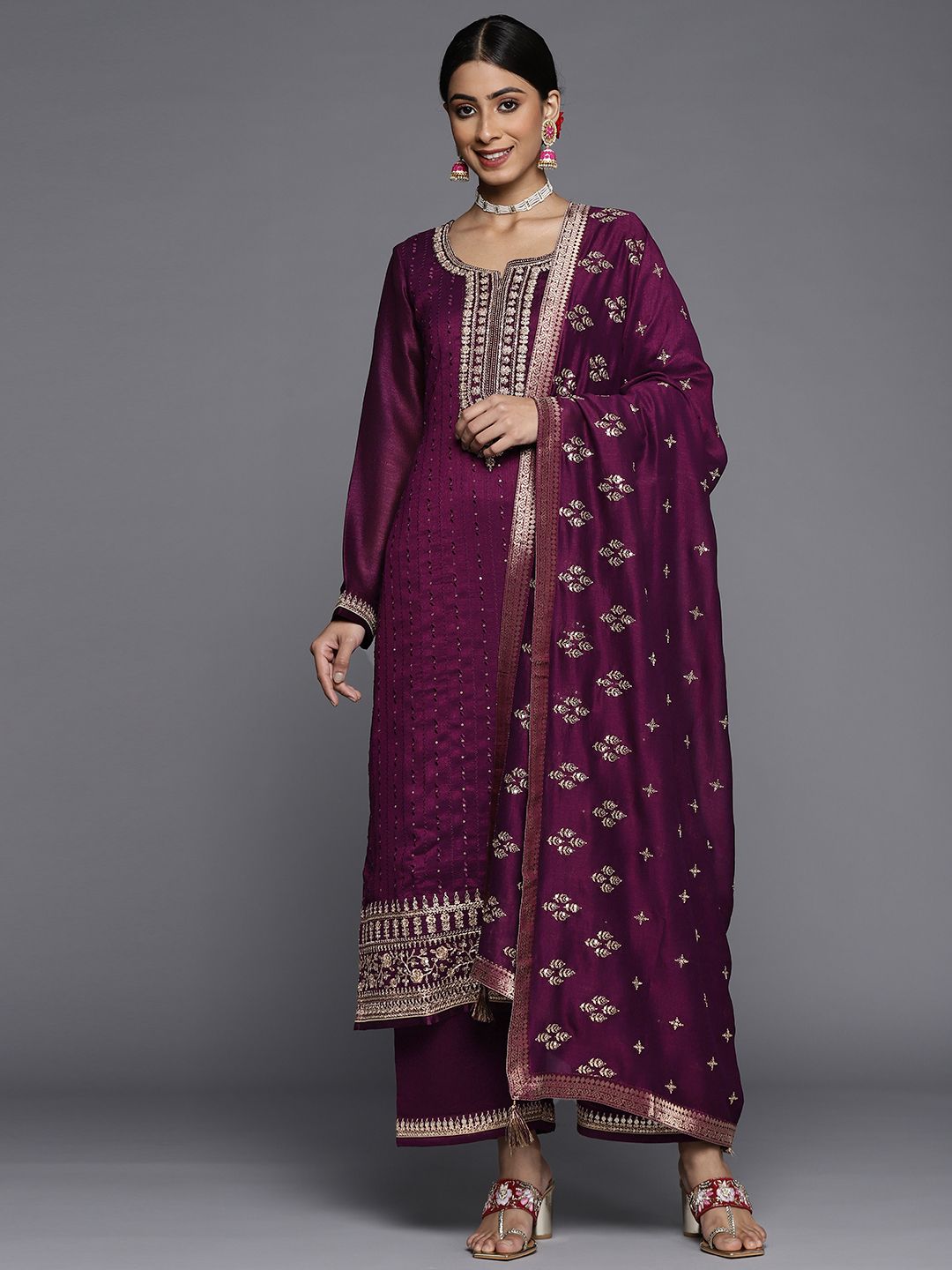 Libas Women Purple Floral Embroidered Sequinned Kurta  with Palazzos & Dupatta