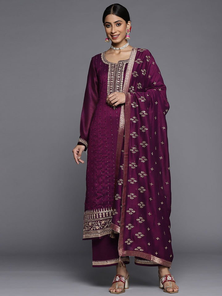 Libas Women Purple Floral Embroidered Sequinned Kurta  with Palazzos & Dupatta