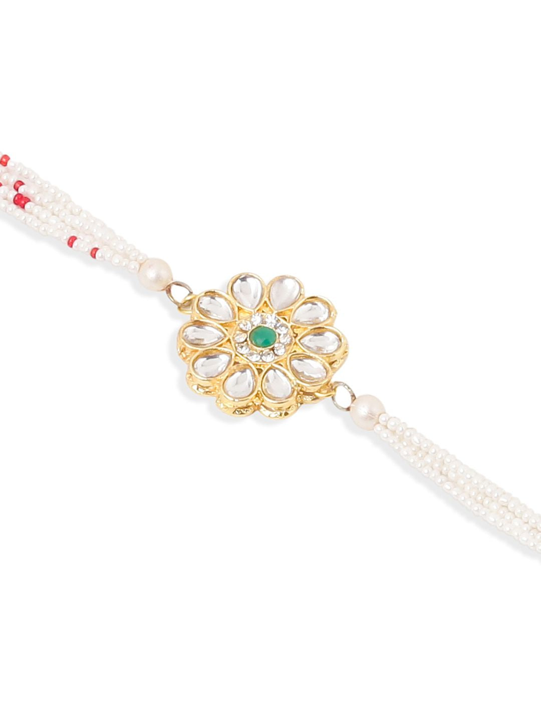 NVR Set of 2 Kundan Studded Gold Toned Bhaiya Bhabhi Rakhi Set with Roli Chawal