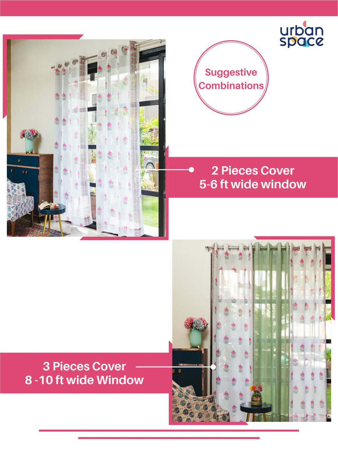 URBAN SPACE Pink & White 2 Pieces Floral Sheer Window Curtains