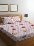 KLOTTHE Pink Graphic Polycotton 300 TC Fitted King Bedsheet with 2 Pillow Covers-98 x 89 inches