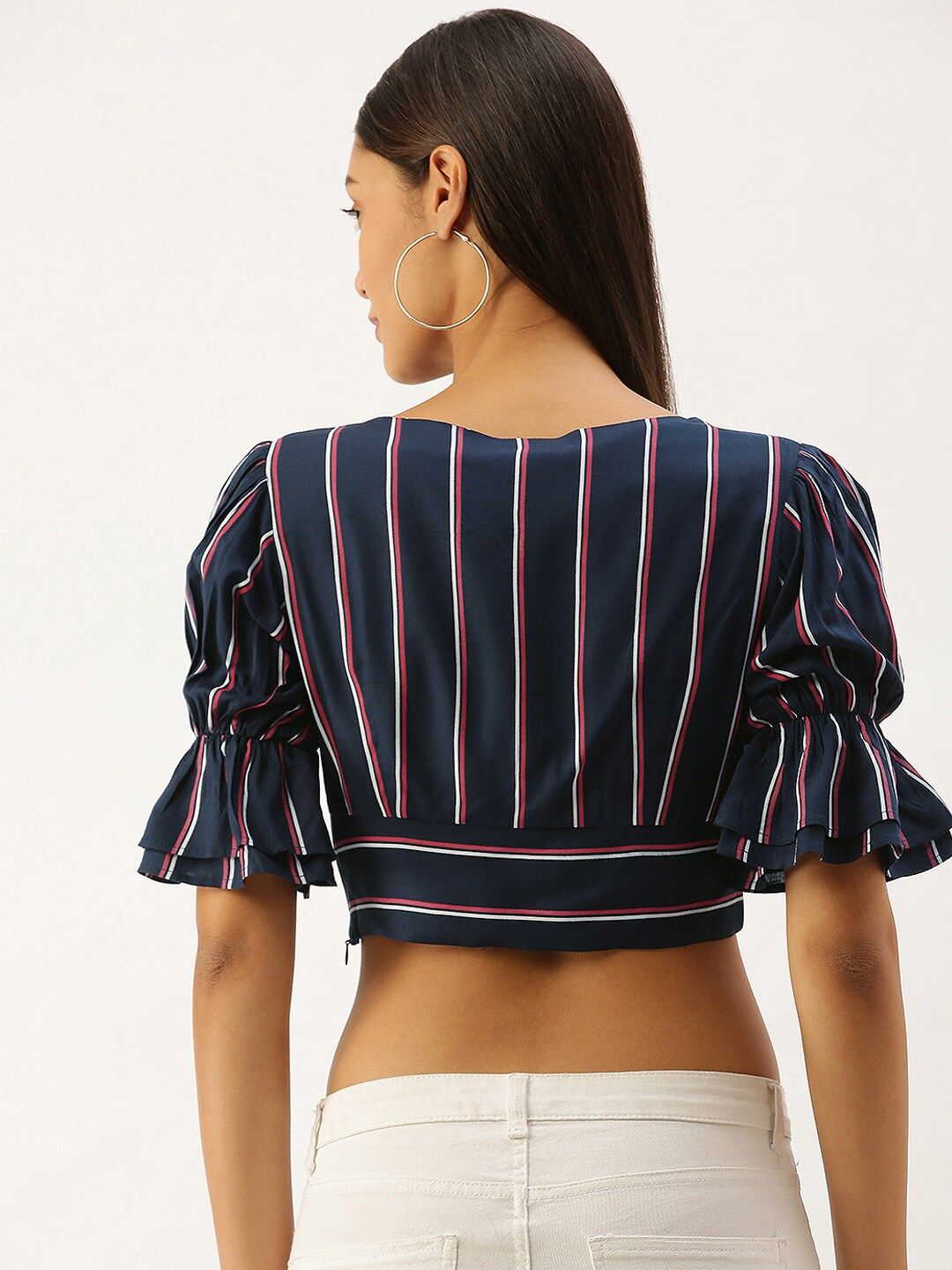 Berrylush Navy Blue & White Striped Bell Sleeves Cinched Waist Crop Top