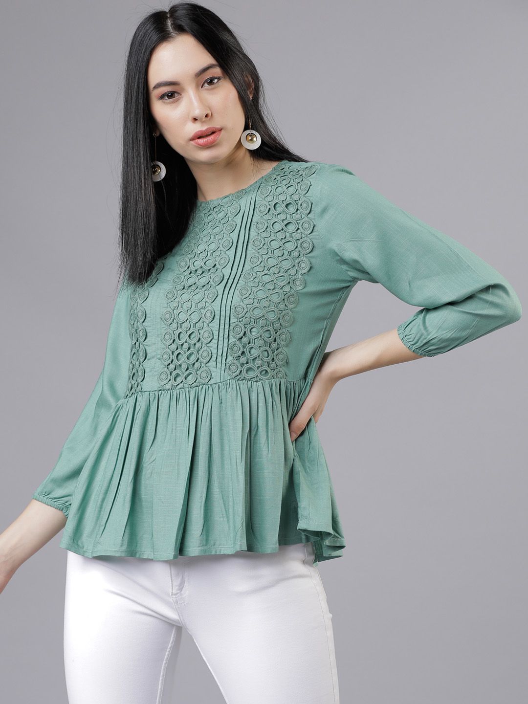 Tokyo Talkies Women Green Solid Peplum Top