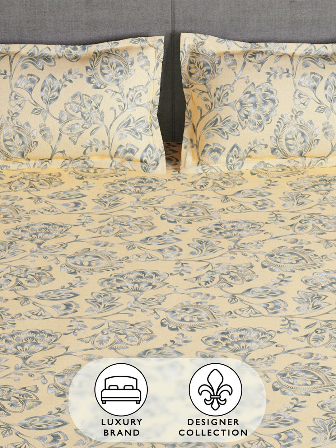 Story@home Cream & Grey Floral 180 TC Queen Bedsheet with 2 Pillow Covers