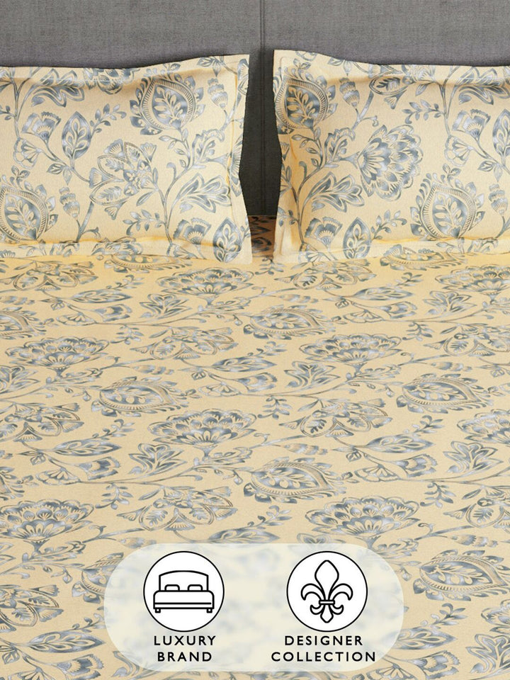 Story@home Cream & Grey Floral 180 TC Queen Bedsheet with 2 Pillow Covers