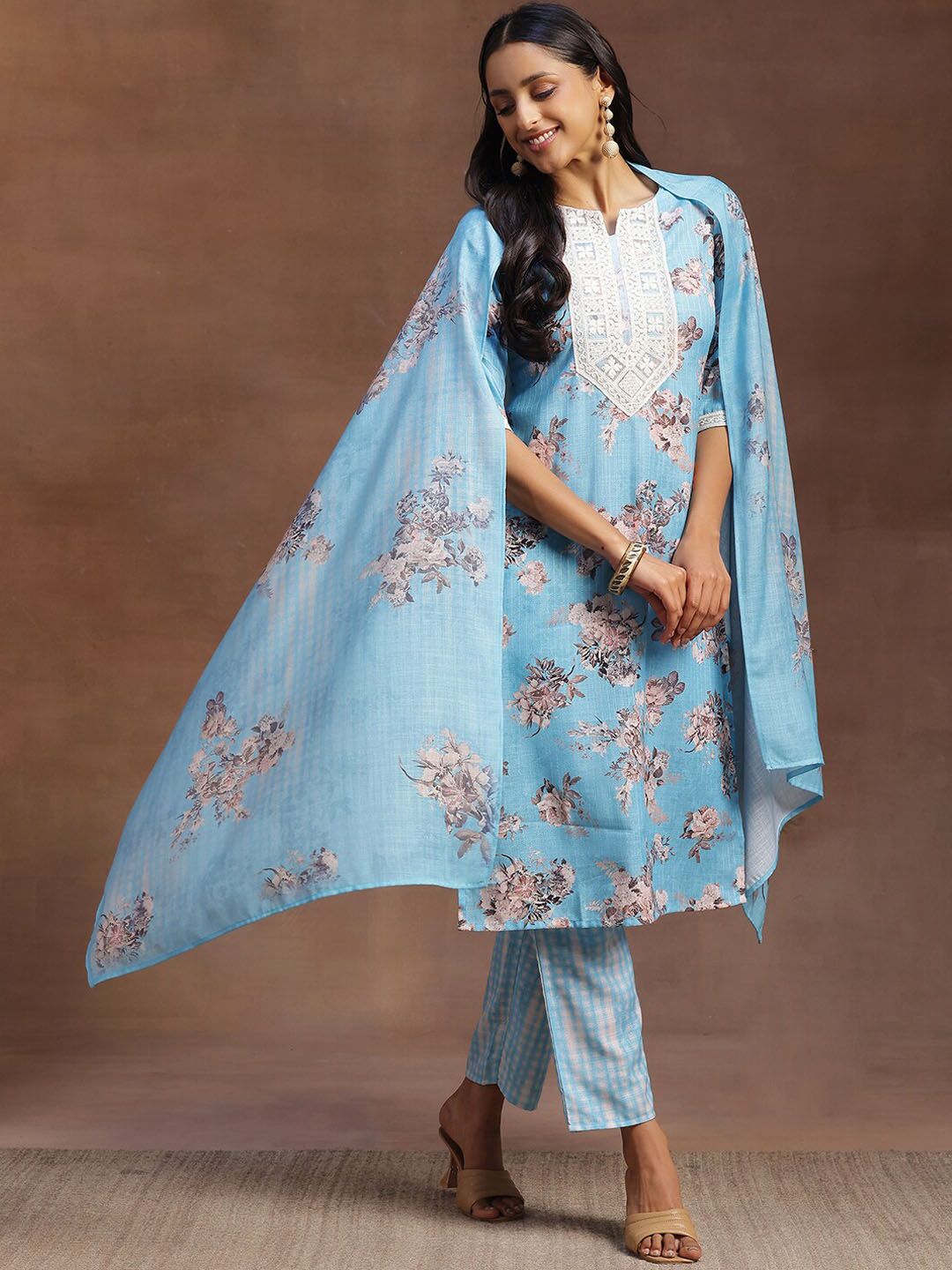 Libas Floral Printed Regular Thread Work Kurta With Trousers & Dupatta