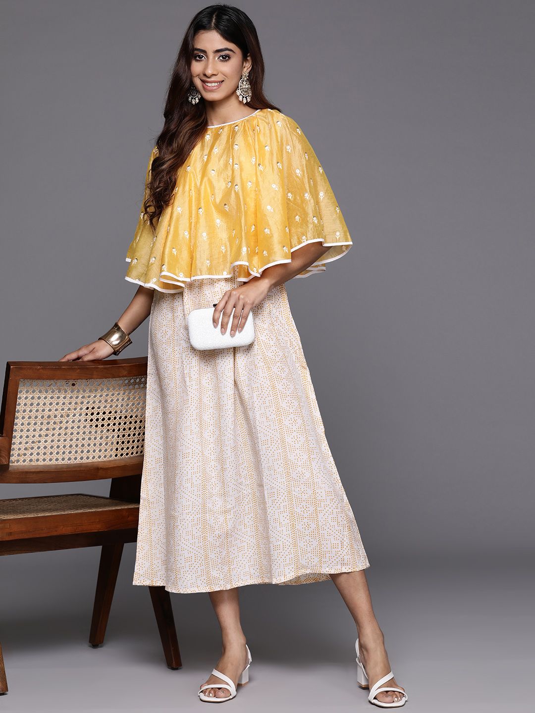 Indo Era Printed Embroidered Cape Sleeve Crepe A-Line Midi Dress