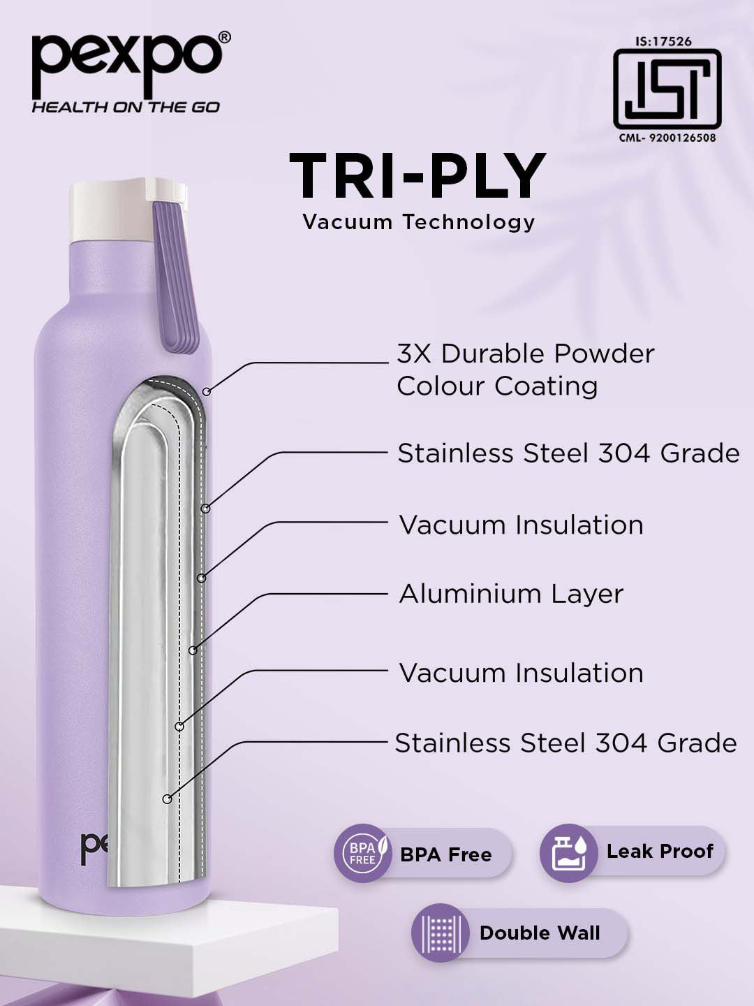 Pexpo Oslo Orchid Purple ISI Certified Thermosteel Hot And Cold Flask Water Bottle 750ml
